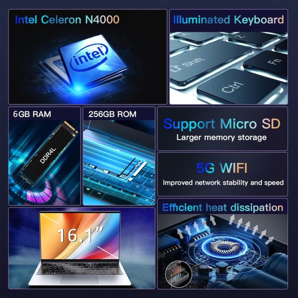 ⁦16" Laptop, Dual-Core Intel Celeron N4000 CPU, 6GB DDR4L RAM 256GB SSD, FHD IPS Screen, Windows 10 Laptop Computer with Stereo Speakers, Webcam, Dual Band-WiFi, BT4.2⁩ - الصورة ⁦2⁩