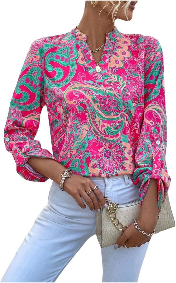 ⁦GORGLITTER Women's Loose Shirt Graphic Print Notched Long Sleeve Work Blouse Tops Hot Pink S⁩ - الصورة ⁦4⁩