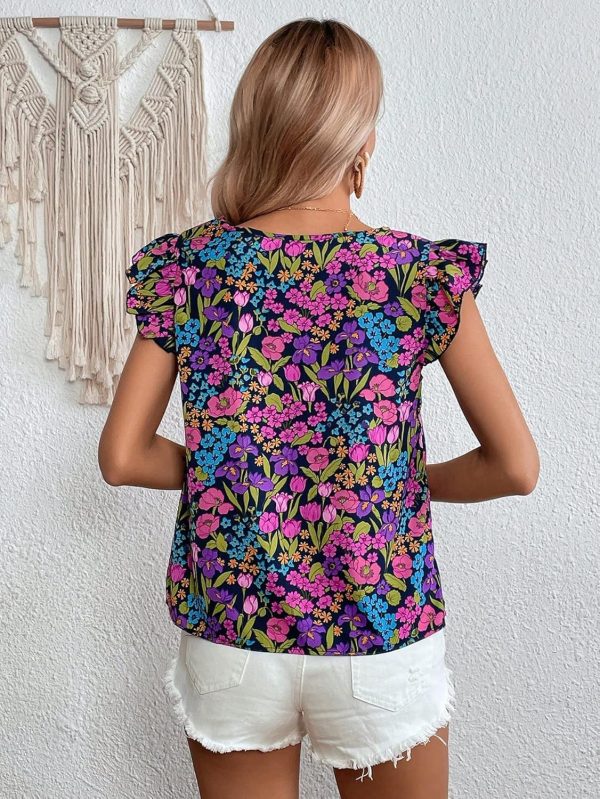 ⁦GORGLITTER Women's Allover Floral V Neck Ruffles Cap Sleeve Boho Blouse Top Multicolor M⁩ - الصورة ⁦2⁩