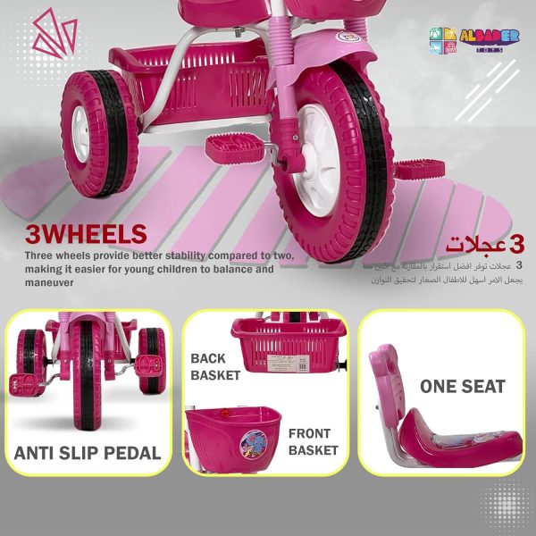 ⁦ALBADER Kids Tricycles, Toddler Trike With Double Basket, Indoor and Outdoor Children's Tricycles, 3 Wheel Baby Bicycle, With Music & Lights Effects, For Kids 2-7 Years (Not Assembled, Pink)⁩ - الصورة ⁦3⁩