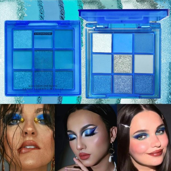 ⁦9 Colors Blue Eyeshadow Palette, Glitter Shimmer Matte Neutral Shades, High Pigmented Waterproof Grey Light Blue Eyeshadow, Shimmer Bright, Daily Party Sparkling Eyeshadow Palett⁩ - الصورة ⁦3⁩