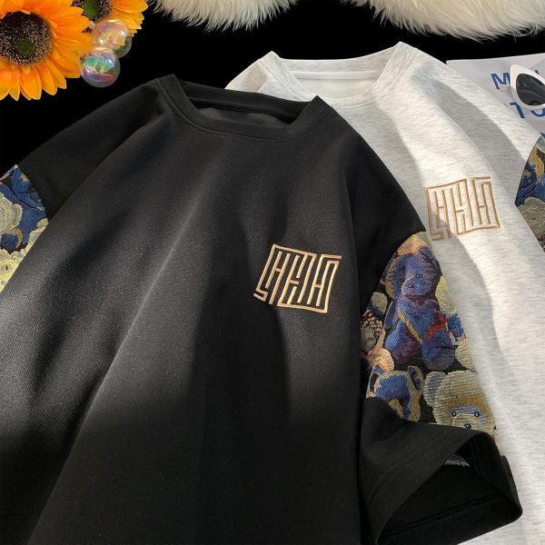 ⁦GMOYD Mens Embroidery T Shirt Crewneck Short Sleeve Shirts Patchwork Baggy Tees Tops⁩ - الصورة ⁦9⁩
