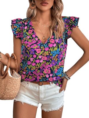 GORGLITTER Women's Allover Floral V Neck Ruffles Cap Sleeve Boho Blouse Top Multicolor M