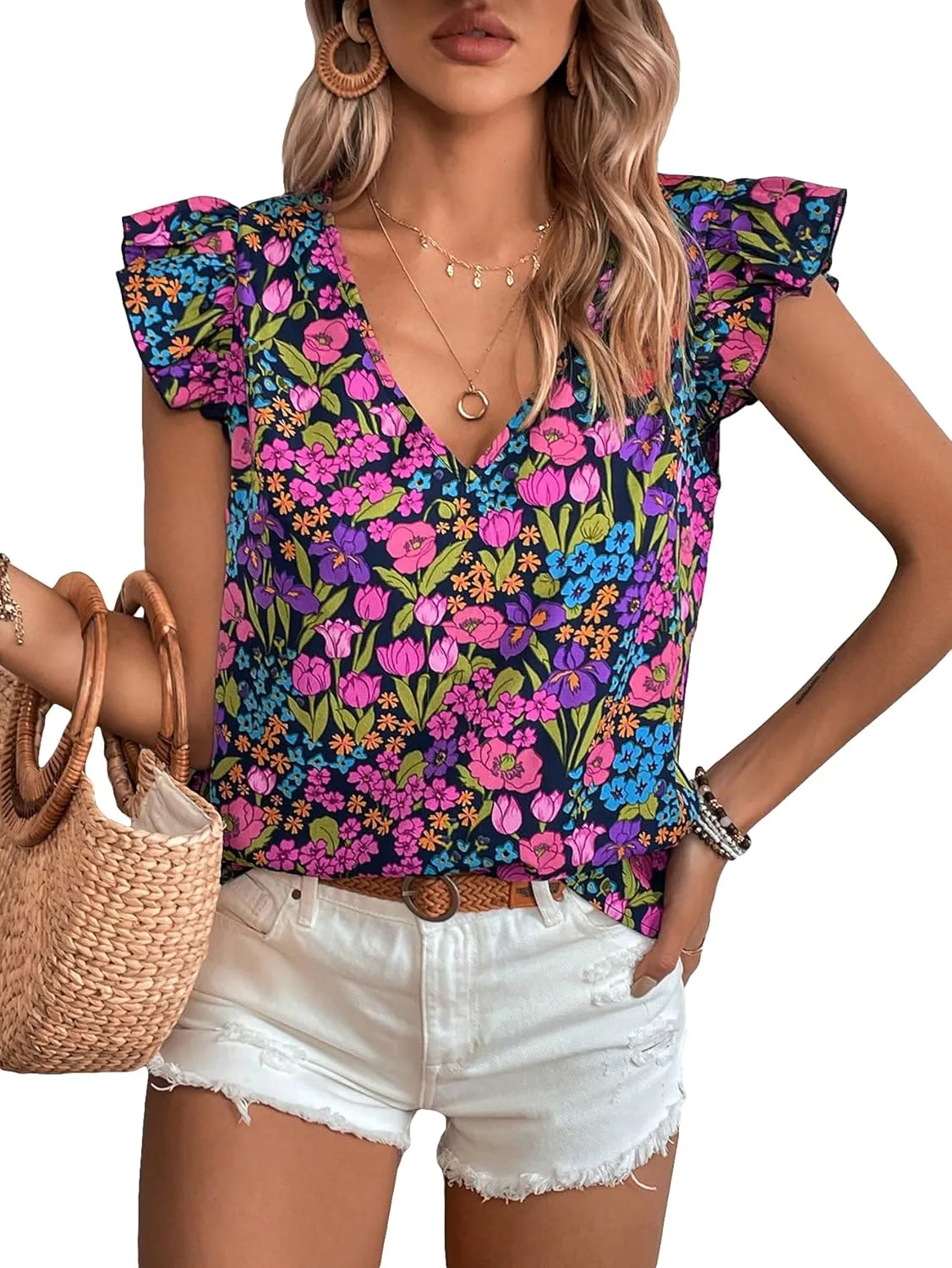 GORGLITTER Women's Allover Floral V Neck Ruffles Cap Sleeve Boho Blouse Top Multicolor M