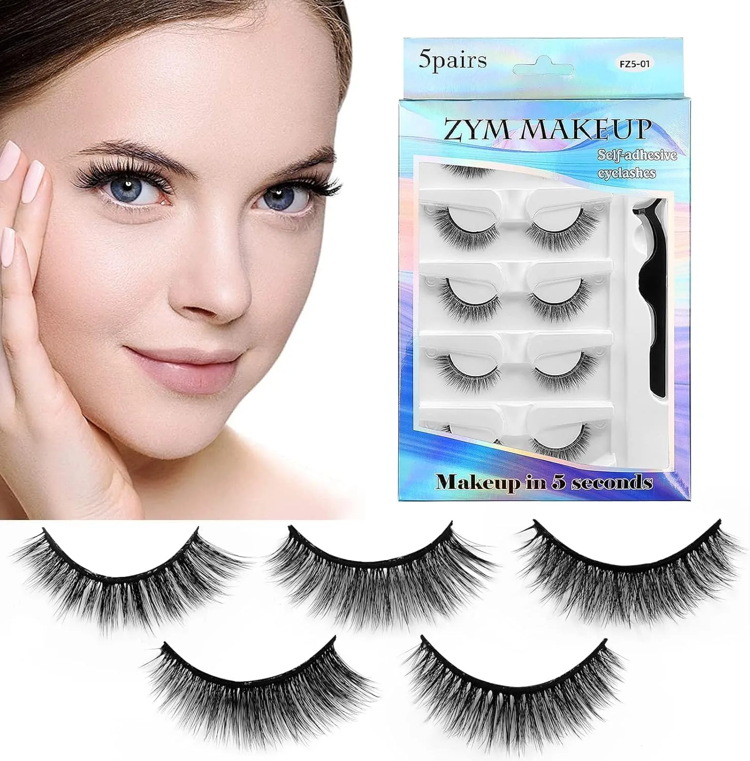 Hepiide 5 Pairs Self Adhesive Eyelashes: with Tweezers - No Glue Needed - Reusable Self Adhesive Eyelashes - False Eyelashes for Beginners (FZ5-06)