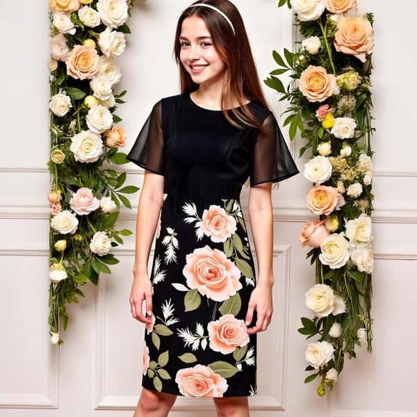 ⁦XULINOVA girl dress, cotton like stretch jersey top & 4 way stretch fabric skirt, flower Print, 1 set For Ages 8-12Y,summer, daily, casual, holiday⁩ - الصورة ⁦5⁩