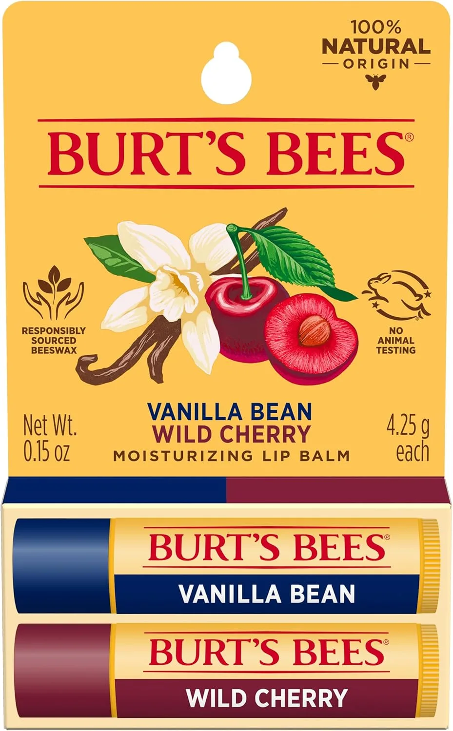 Burt's Bees Wild Cherry and Vanilla Bean Moisturizing Lip Balm Twin Pack for Unisex 2 x 0.15 oz Lip Balm