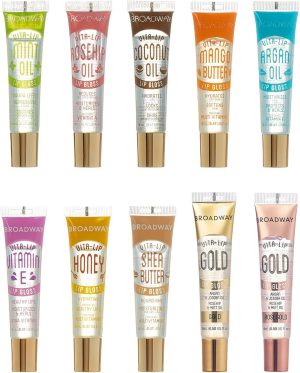 Ruby Kisses Broadway Vita-Lip Clear Lip Gloss (10 Pack), Ultra-Hydrating & Soothing Formula with Vitamins, High-Shine Non-Sticky Finish Lip Balm with Mint, Rosehip, Coconut, Mango, Argan, Honey, Shea