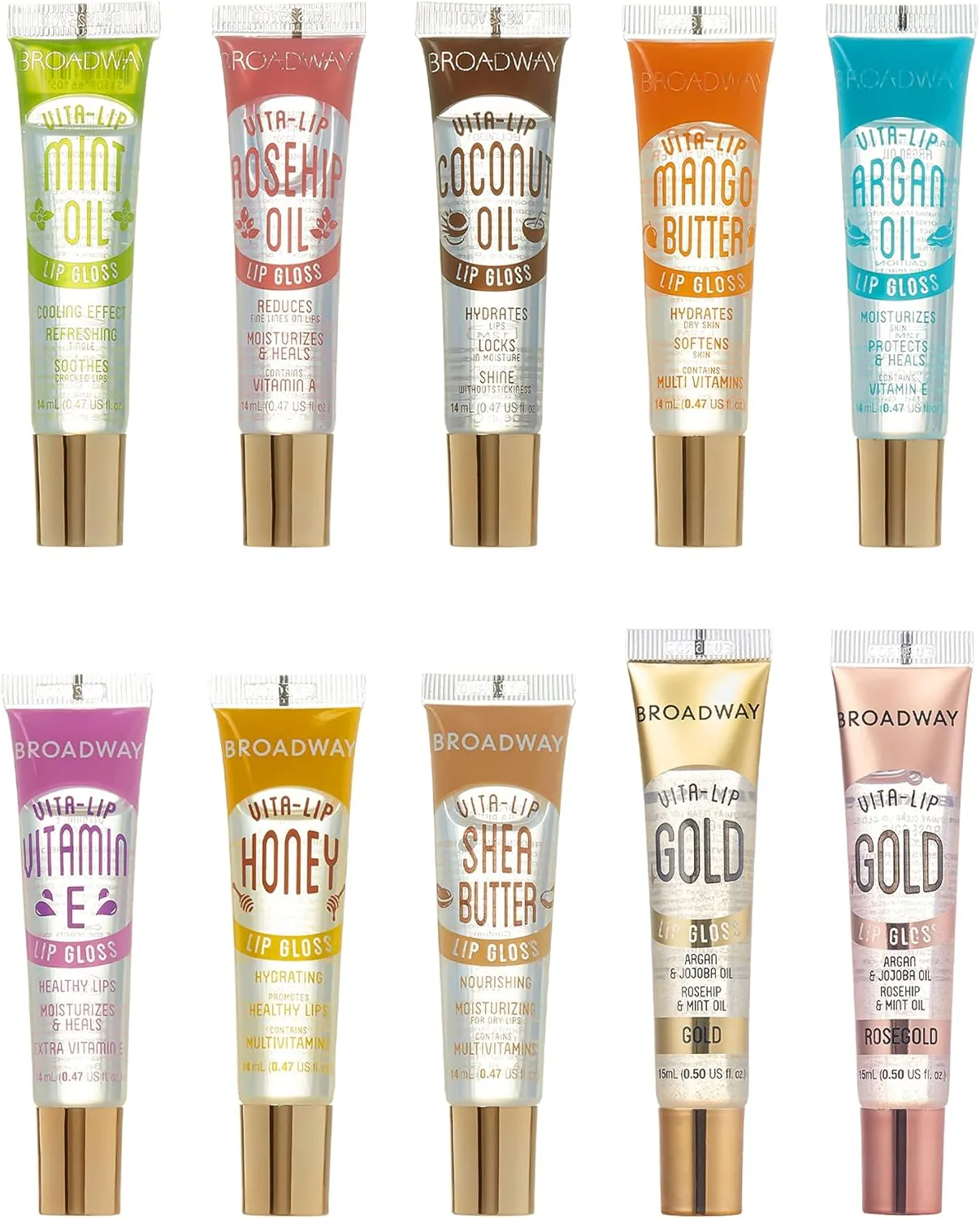 Ruby Kisses Broadway Vita-Lip Clear Lip Gloss (10 Pack), Ultra-Hydrating & Soothing Formula with Vitamins, High-Shine Non-Sticky Finish Lip Balm with Mint, Rosehip, Coconut, Mango, Argan, Honey, Shea