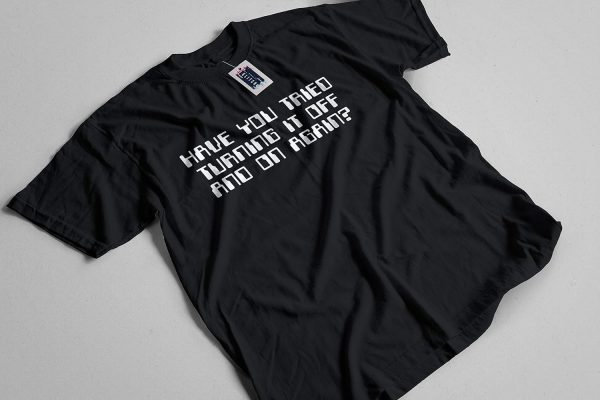 ⁦Reality Glitch - Men's Have You Tried Turning It Off and On Again T Shirt. Funny Computer/Coding T Shirt. Short Sleeve, Regular Fit, Comfortable & Long Lasting Design.⁩ - الصورة ⁦4⁩