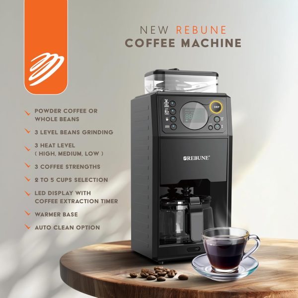 ⁦REBUNE 0,65L Built In Grinder Coffee Maker, 3 Heat Levels 850 Watts RE-6-042⁩ - الصورة ⁦3⁩