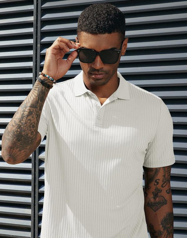 ⁦PJ PAUL JONES Mens Texture Polo Shirts Casual Wrinkle Free Elasticity Short Sleeve Knit Golf Shirt Tops⁩ - الصورة ⁦5⁩