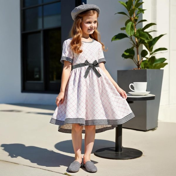 ⁦Xulinova girls' fashion plaid A-line dress with bow belt, short sleeves, breathable stretch fabric, size 8–12Y, فساتين بنات للعيد, فستان بناتي محتشم, ملابس اطفال بنات, فستان اطفال⁩ - الصورة ⁦2⁩