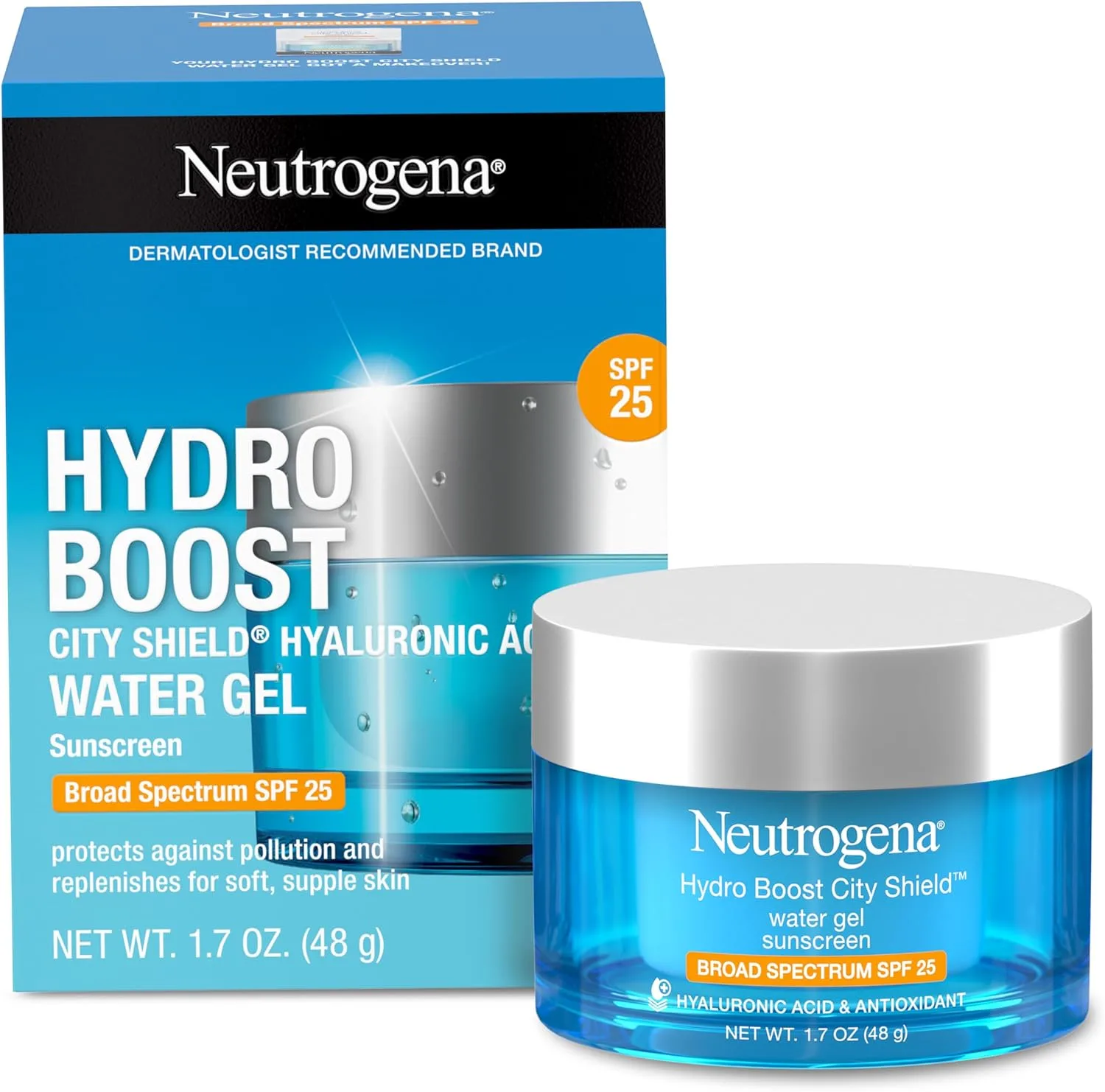 Neutrogena Hydro Boost City Shield Water Gel with Hydrating Hyaluronic Acid, Facial Moisturizer with Broad Spectrum SPF 25 Sunscreen, Oil-Free, Alcohol-Free, Non-Comedogenic, 1.7 oz