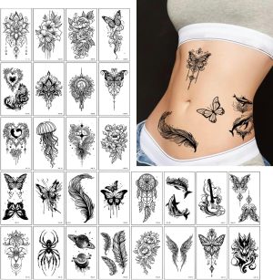 TORMEN 30 Sheets Temporary Tattoos, Mixed Styles Temporary Tattoo– Waterproof, Realistic & Long-Lasting Fake Tattoos for Kids, Adults, Parties & Festivals(Dark C)