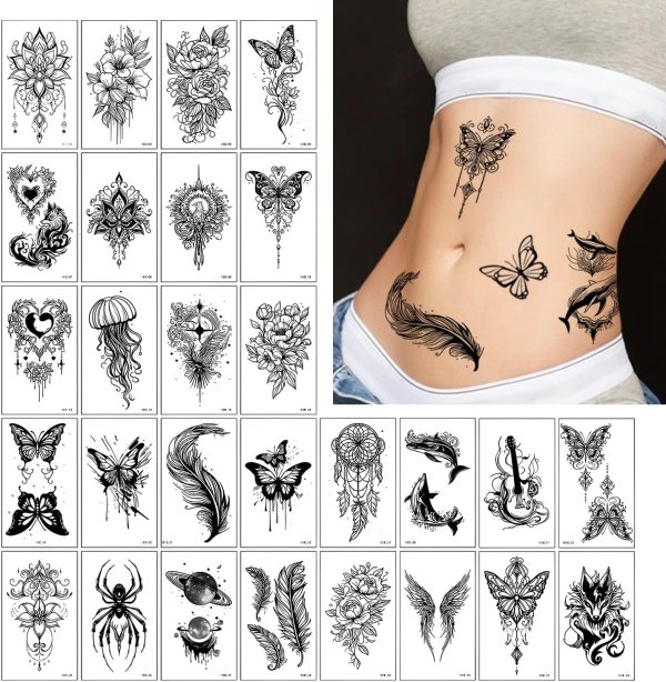 TORMEN 30 Sheets Temporary Tattoos, Mixed Styles Temporary Tattoo– Waterproof, Realistic & Long-Lasting Fake Tattoos for Kids, Adults, Parties & Festivals(Dark C)