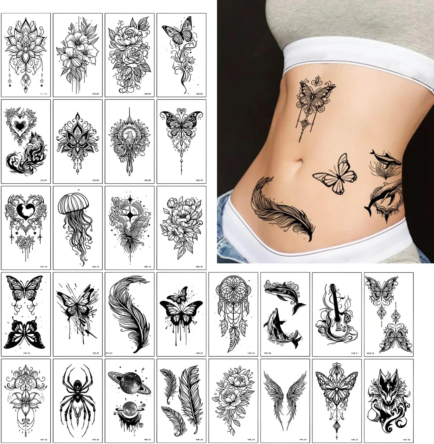 TORMEN 30 Sheets Temporary Tattoos, Mixed Styles Temporary Tattoo– Waterproof, Realistic & Long-Lasting Fake Tattoos for Kids, Adults, Parties & Festivals(Dark C)