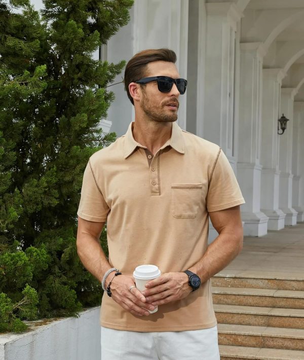 ⁦Men's Fashion Polo Shirts Classic Short Sleeve Lightweight Button Cotton T-Shirt Casual Golf Tee Tops with Pocket⁩ - الصورة ⁦3⁩