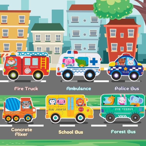 ⁦Wooden Puzzles for Kids, 6 Pack Vehicle Jigsaw Puzzle Toy, Varying Degree of Difficulty Educational Learning Tool with Storage Box, Traveling Games Gift for 3 Year Old Girls & Boys Toddler Children⁩ - الصورة ⁦2⁩