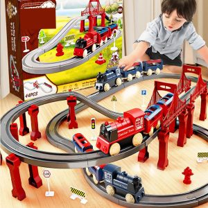 Train Rail Set, Electric Train Toys Sets, Battery Operated Train Set with Tracks Magnetic Connection, DIY Rail Car Children's Toys with Bridge & Accessories, for Ages 3 Years+ (Red-70PCS)