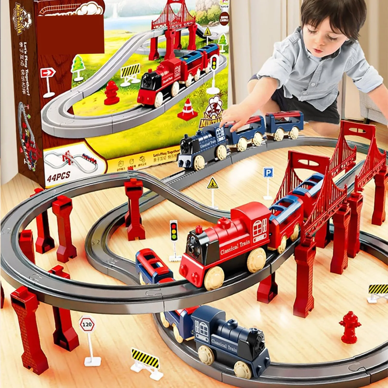 Train Rail Set, Electric Train Toys Sets, Battery Operated Train Set with Tracks Magnetic Connection, DIY Rail Car Children's Toys with Bridge & Accessories, for Ages 3 Years+ (Red-70PCS)