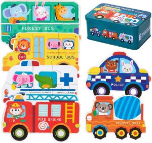 Wooden Puzzles for Kids, 6 Pack Vehicle Jigsaw Puzzle Toy, Varying Degree of Difficulty Educational Learning Tool with Storage Box, Traveling Games Gift for 3 Year Old Girls & Boys Toddler Children
