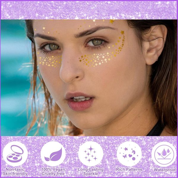⁦Glitter Freckles Face Stickers, Glitter Freckles, Gold Faces Makeup Patches, Sparkle Makeup Patches, Waterproof Face Glitters Speckles Stickers for Women, Metallic Gold Silver Temporary Stickerss 5Pcs⁩ - الصورة ⁦2⁩
