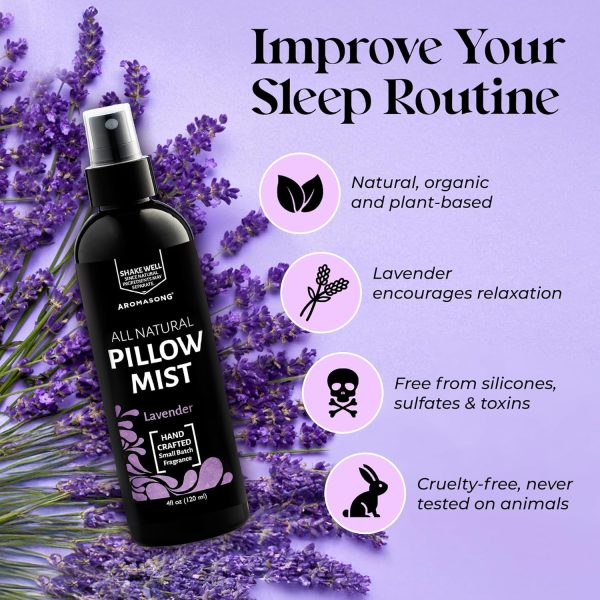 ⁦Aromasong Lavender Pillow Spray for Sleeping - All Natural Calming Linen & Bedtime Sleep Mist for Deep Sleep - Pillow Spray Aromatherapy with Botanical Essential Oils for Relaxing Stress⁩ - الصورة ⁦2⁩
