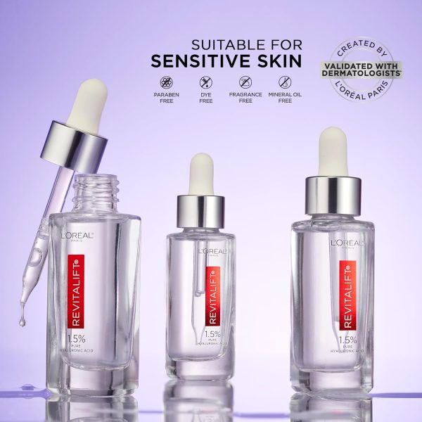 ⁦L'Oreal Paris Revitalift 1.5% Pure Hyaluronic Acid Face Serum, Hydrate & Reduce Wrinkles, Fragrance Free 1 oz⁩ - الصورة ⁦6⁩