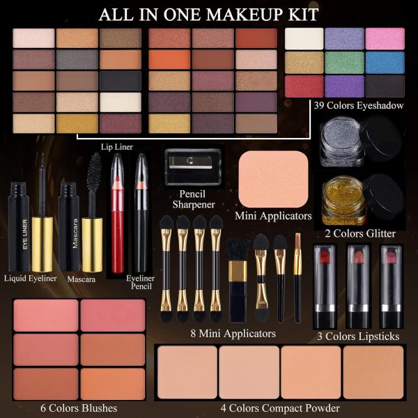 ⁦Professional Makeup Kit for Women Girls Full Kit with Mirror 58 Colors All in One Make up Gift Set Included Eyeshadow,Compact Powder,Blusher,Lipstick,Eyebrow Pencil,Gitter Gel,Eyeliner,Mascara (N)⁩ - الصورة ⁦2⁩