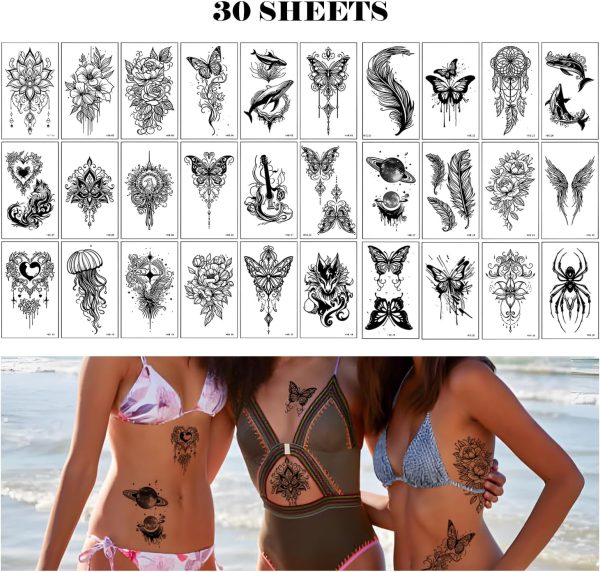 ⁦TORMEN 30 Sheets Temporary Tattoos, Mixed Styles Temporary Tattoo– Waterproof, Realistic & Long-Lasting Fake Tattoos for Kids, Adults, Parties & Festivals(Dark C)⁩ - الصورة ⁦6⁩