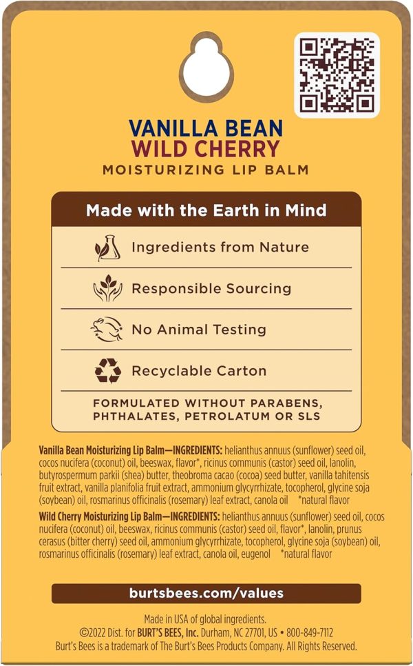 ⁦Burt's Bees Wild Cherry and Vanilla Bean Moisturizing Lip Balm Twin Pack for Unisex 2 x 0.15 oz Lip Balm⁩ - الصورة ⁦2⁩