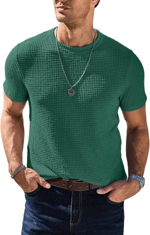 Men's Casual T-Shirt Crew Neck Short Sleeve Soft Knit Tee Shirts for Men Summer Beach Mesh Waffle Textured Plain Color Tops