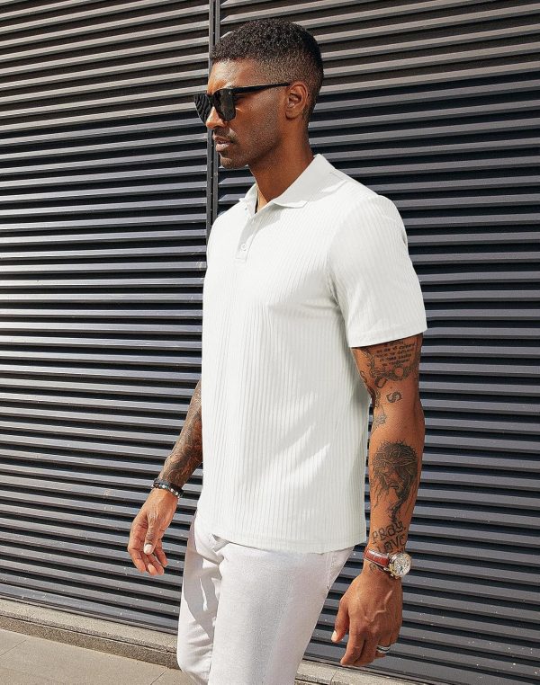 ⁦PJ PAUL JONES Mens Texture Polo Shirts Casual Wrinkle Free Elasticity Short Sleeve Knit Golf Shirt Tops⁩ - الصورة ⁦3⁩