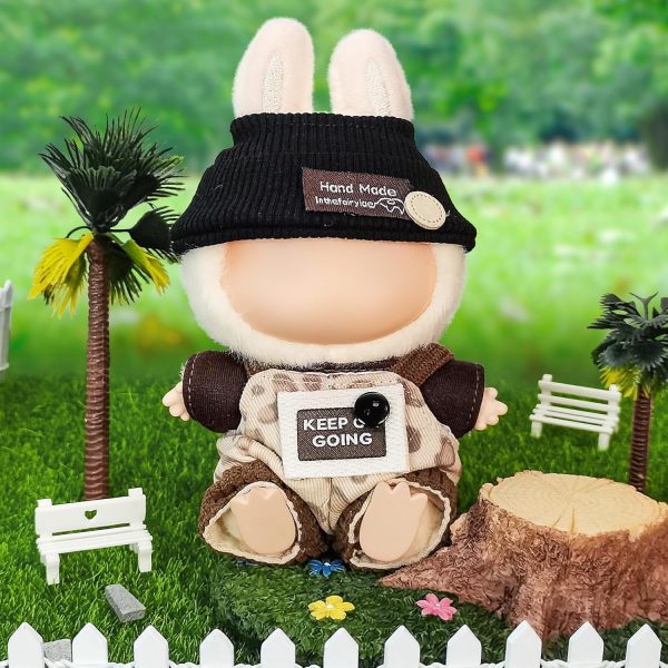 ⁦Doll Clothes for 17cm Dolls, Compatible with Labubu, Cute Outfit Set with Accessories, Bucket Hat and Overalls (No Doll) (Black Overalls Set)⁩ - الصورة ⁦4⁩