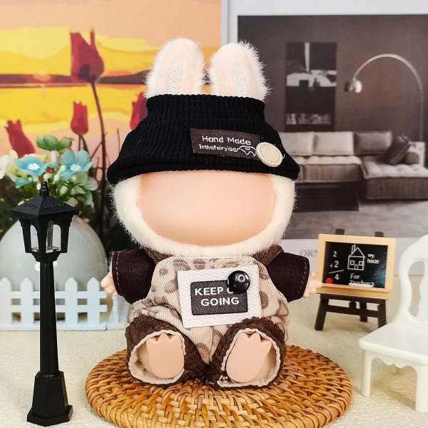 ⁦Doll Clothes for 17cm Dolls, Compatible with Labubu, Cute Outfit Set with Accessories, Bucket Hat and Overalls (No Doll) (Black Overalls Set)⁩ - الصورة ⁦3⁩