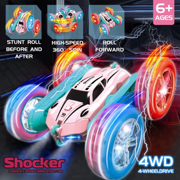 ⁦Beauenty Remote Control Car Toys for Kids - Dual Electric, Double sided 360 ° Rotating Four Wheel Drive Drift Car with Cool Lights - Birthday Gifts for Boys and Girls (Pink)⁩ - الصورة ⁦3⁩