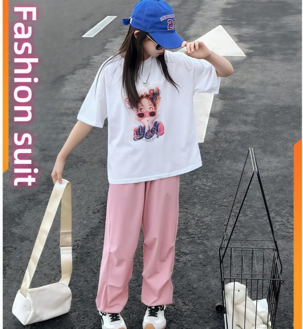 ⁦Summer casual two-piece set for girls, wide-leg pants and casual T-shirt, 5-16Y cute clothing, cool girl printed short-sleeved top + long pants, pink wide-leg pants⁩ - الصورة ⁦2⁩