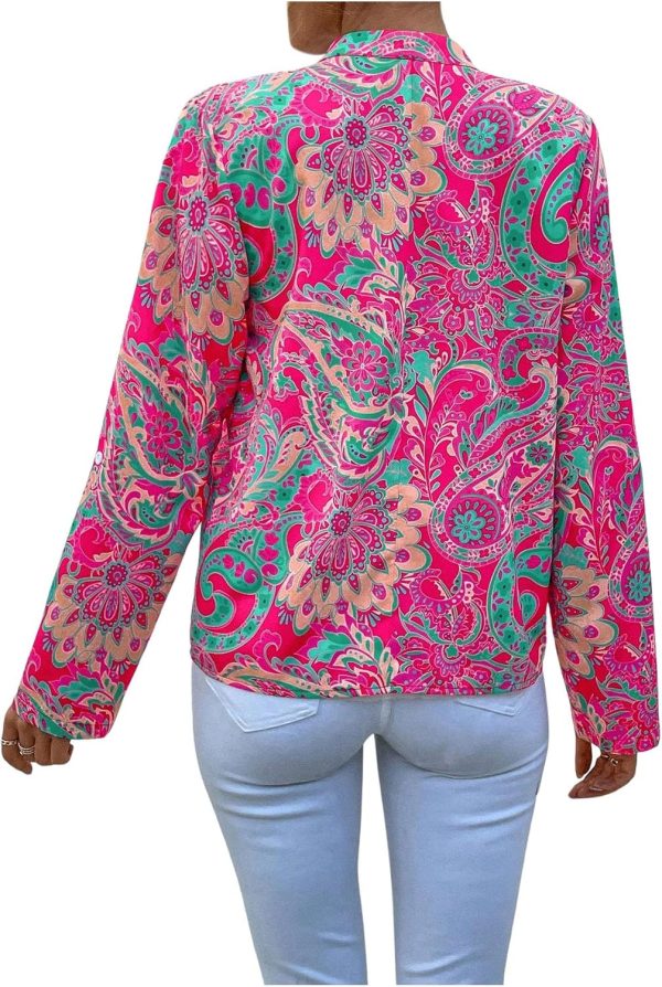 ⁦GORGLITTER Women's Loose Shirt Graphic Print Notched Long Sleeve Work Blouse Tops Hot Pink S⁩ - الصورة ⁦2⁩