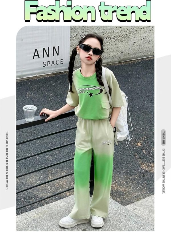 ⁦Girls' Summer Two-Piece Set, Pink Gradient T-Shirt and Wide-Leg Trousers, Ages 4-15 Years，Children's tie-dyed casual sportswear set⁩ - الصورة ⁦2⁩