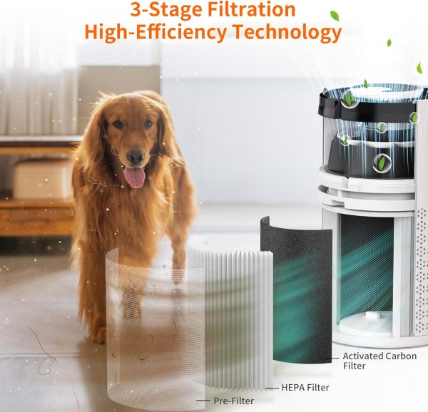 ⁦AIRROMI Air Purifier for Bedroom with HEPA 3-in-1 Filter, Pet Air Purifier for Home Cat Pee Smell, Covers Upto 990 Ft², Quiet 360° intake Air Cleaner for pet hair,allergies,Dust,Smoke A2001 White⁩ - الصورة ⁦3⁩