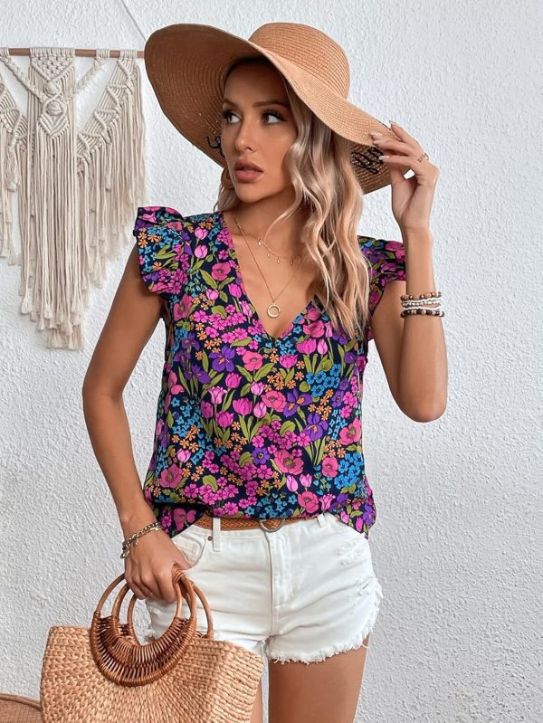 ⁦GORGLITTER Women's Allover Floral V Neck Ruffles Cap Sleeve Boho Blouse Top Multicolor M⁩ - الصورة ⁦5⁩