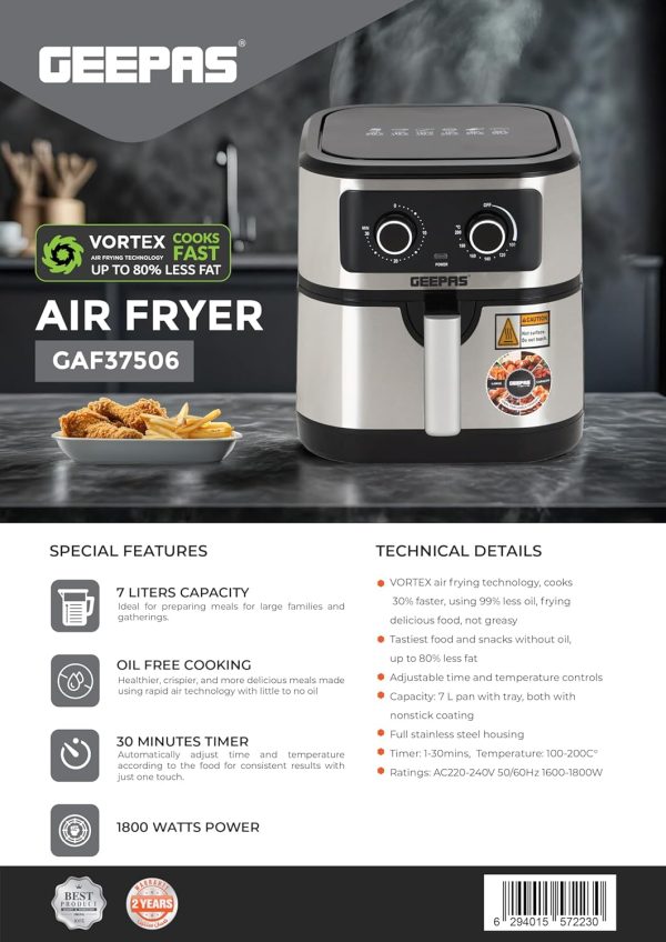 ⁦Geepas Vortex 7L Air Fryer GAF37506 - Convection Air Fryer with LED Touchscreen, 30 Minutes Timer & Non-Stick Basket - Oil Free, 2 Years Warranty, 1800W, Black⁩ - الصورة ⁦9⁩