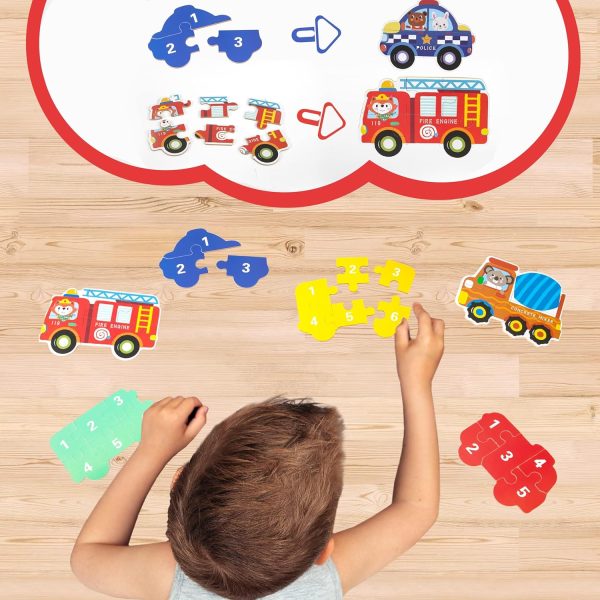 ⁦Wooden Puzzles for Kids, 6 Pack Vehicle Jigsaw Puzzle Toy, Varying Degree of Difficulty Educational Learning Tool with Storage Box, Traveling Games Gift for 3 Year Old Girls & Boys Toddler Children⁩ - الصورة ⁦5⁩