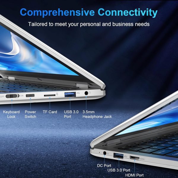⁦11.6" Laptop Touchscreen 360° Foldable Laptop PC 6GB RAM 128GB SSD FHD Display Laptop Computer Celeron N4020 With 256GB SD Card Dual Band WiFi Bluetooth 4.2 USB 3.0*1 HDMI*1 For Office Study Silver⁩ - الصورة ⁦3⁩
