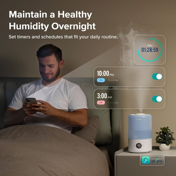 ⁦LEVOIT Dual 200S Smart Humidifiers for Bedroom, Top Fill, Customize Humidity for Home, Baby Nursery & Plants with Humidistat, Essential Oil Diffuser, Schedule, Timer, APP & Voice Control, 3L, Blue⁩ - الصورة ⁦4⁩