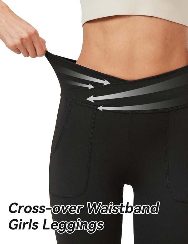 ⁦Jinhiteam Leggings with Pockets for Girls Solid Black Stretch High Waist Tummy Control Workout Dance Bootcut Yoga Pants⁩ - الصورة ⁦5⁩