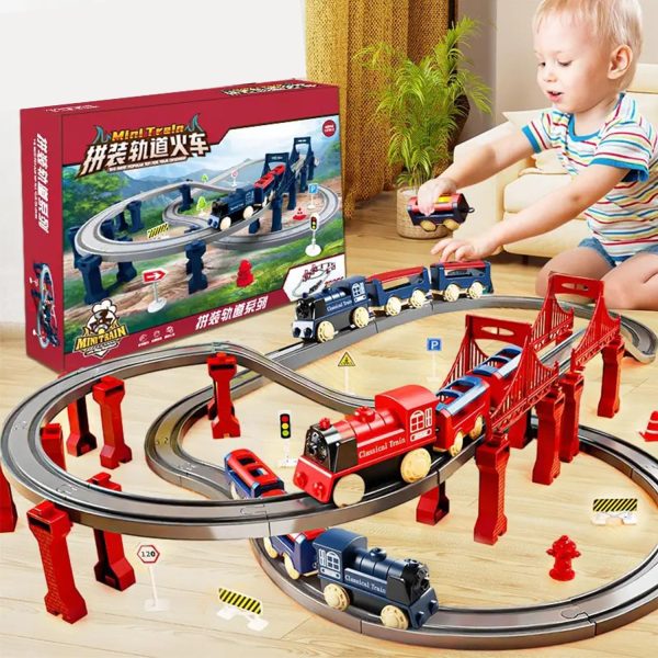 ⁦Train Rail Set, Electric Train Toys Sets, Battery Operated Train Set with Tracks Magnetic Connection, DIY Rail Car Children's Toys with Bridge & Accessories, for Ages 3 Years+ (Red-70PCS)⁩ - الصورة ⁦8⁩