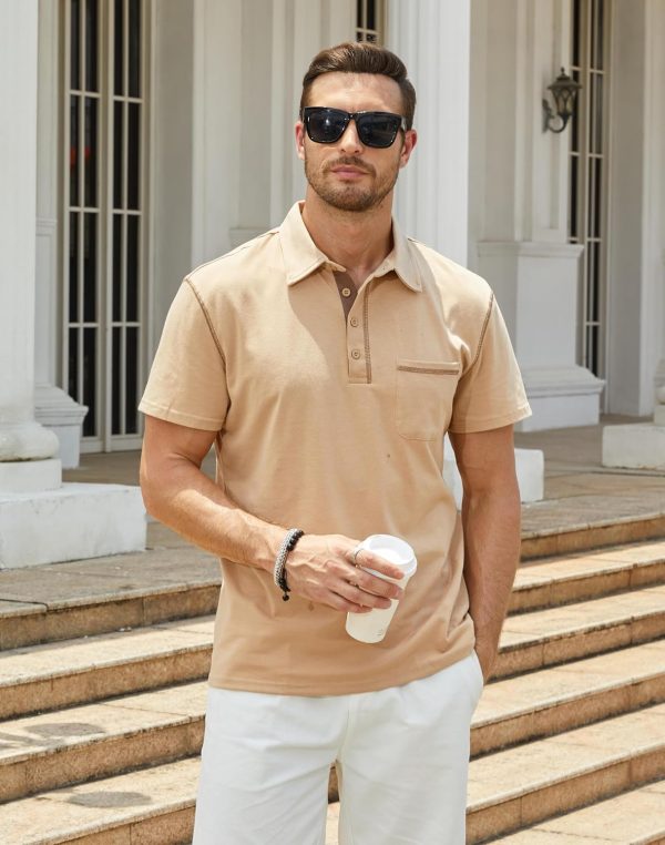 ⁦Men's Fashion Polo Shirts Classic Short Sleeve Lightweight Button Cotton T-Shirt Casual Golf Tee Tops with Pocket⁩ - الصورة ⁦2⁩