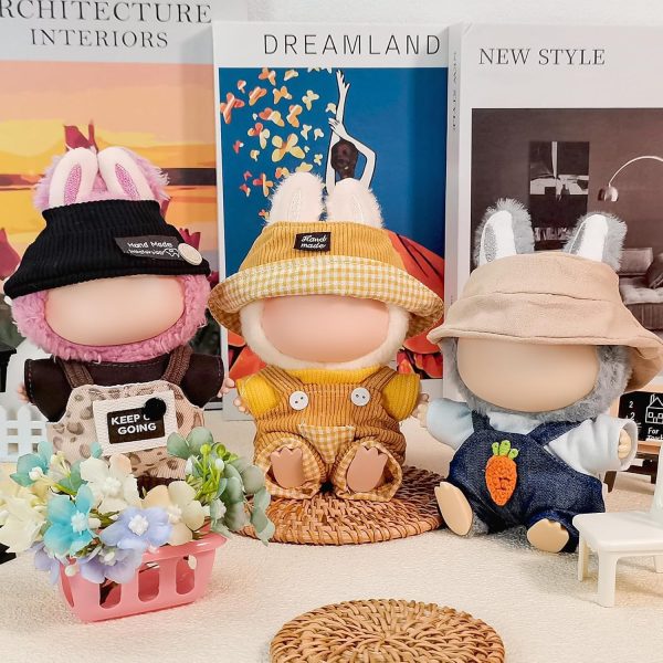 ⁦Doll Clothes for 17cm Dolls, Compatible with Labubu, Cute Outfit Set with Accessories, Bucket Hat and Overalls (No Doll) (Black Overalls Set)⁩ - الصورة ⁦7⁩